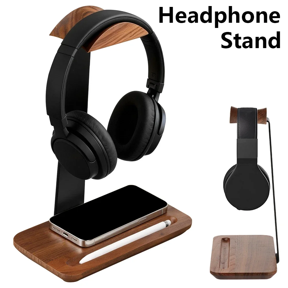 Headphone Stand Desk - Evrensel Ahşap Kulaklık Standı, Depolama Tabanlı,